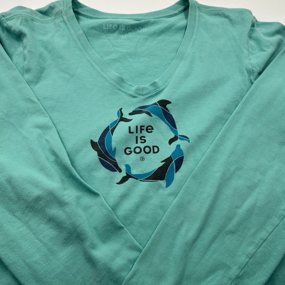 Life is Good Medium Green Good Dolphin Long Sleeve V-neck Tee Beach 100% Cotton - Picture 4 of 10